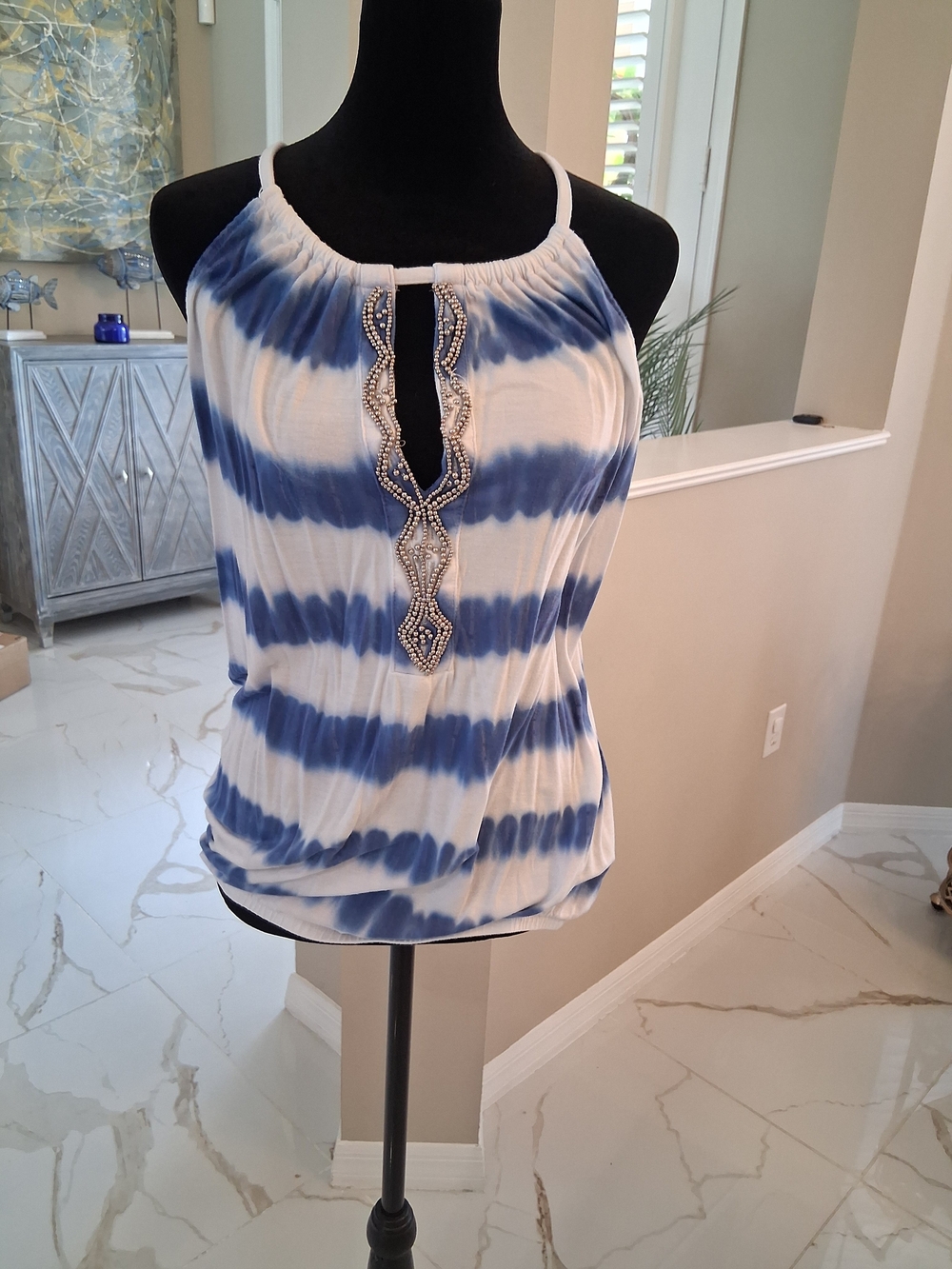 Tie-Dye Blue & White Halter Camisole with Beaded Placket